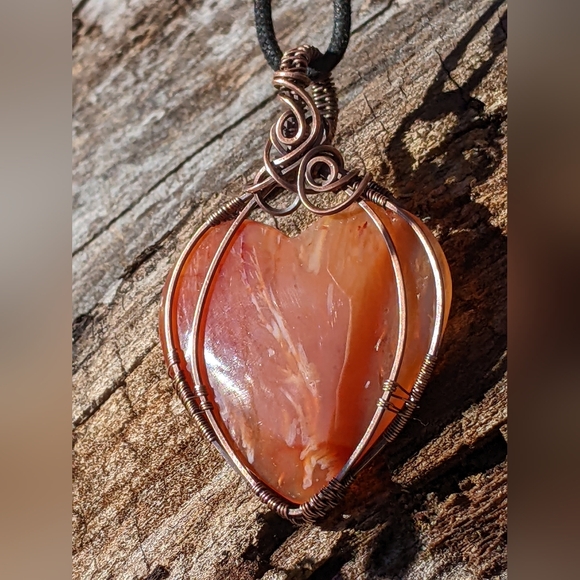 Hand Crafted Carnelian Heart Pendant Statement Necklace Copper Wire Wrap - Picture 5 of 14